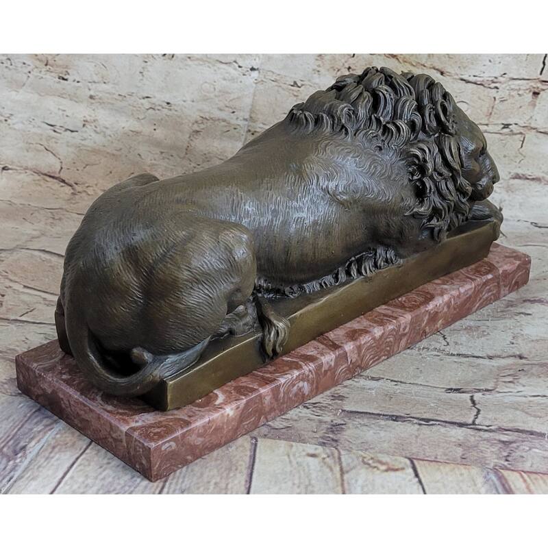 Guardian Lion Bronze Statue Sculpture Figure On Red Marble Base 7 Inches X 12.5 Inches