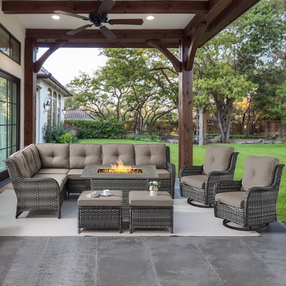 Gymojoy 6-Piece Outdoor Wicker Patio Furniture with Fire Pit and L-shaped Sectional Sofa, Coversation Set with Thick Cushions