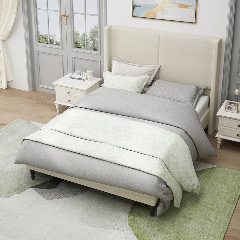 Boucle Upholstered Platform Bed with 55.5" High Wingback Headboard, Slats Support, Solid Wood Feet and Optional King or Queen