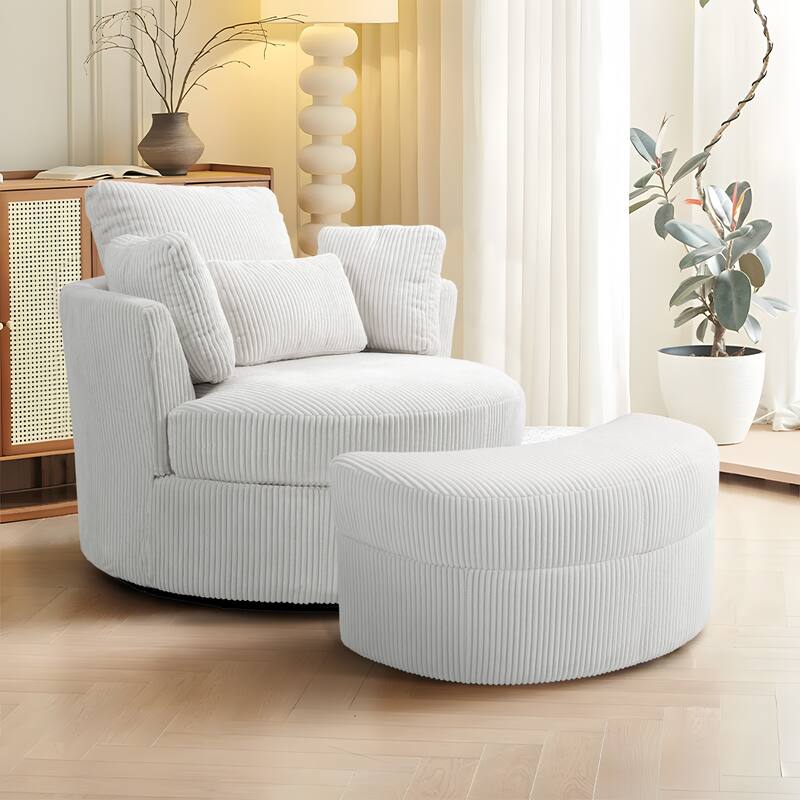 41" W Oversized Accent Barrel Swivel Chair with Moon Storage Ottoman - Set of Chair with Ottoman - Beige Corduroy