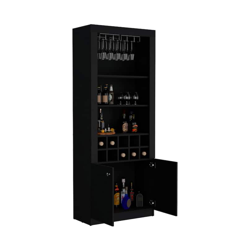 74"Tall 4-Tier Modern Bar Cabinet with Glass Holder Stemware Rack,Wine Cabinet,Liquor Cabinet,10 Bottle Cubbies and 4 Shelves