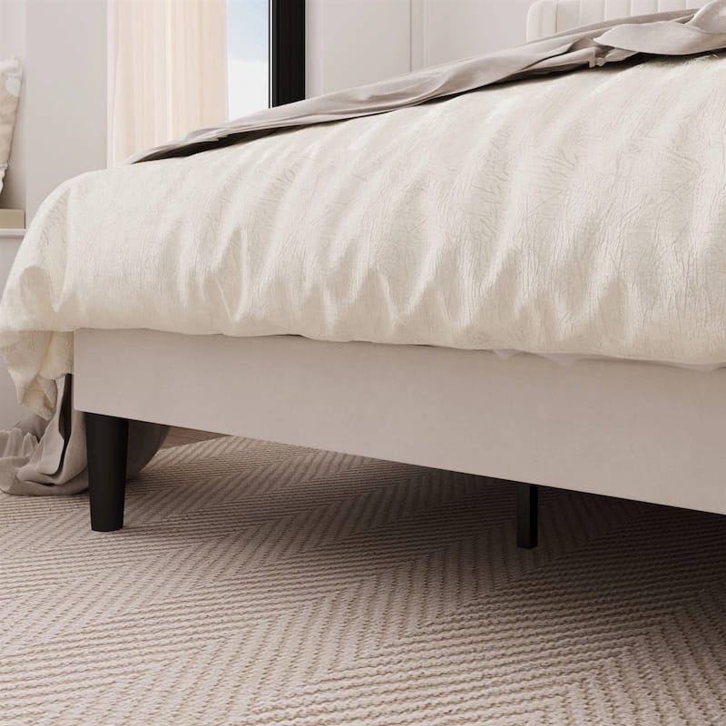 White Velvet Upholstered Platform Bed Frame with Wingback Headboard