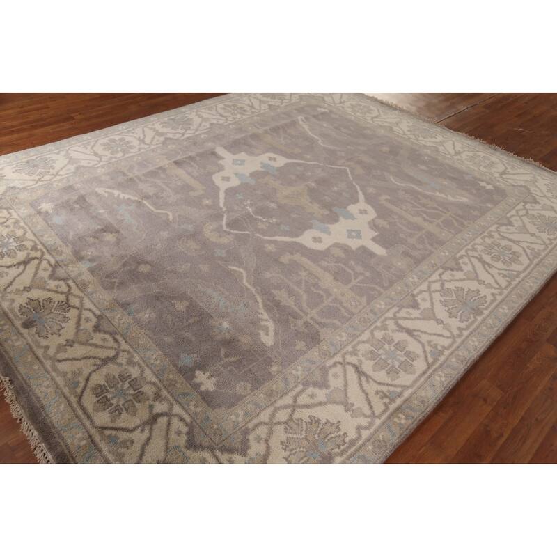 Gray & Ivory Oushak Indian Area Rug Hand-Knotted Wool Carpet - 8'0"x 9'8"