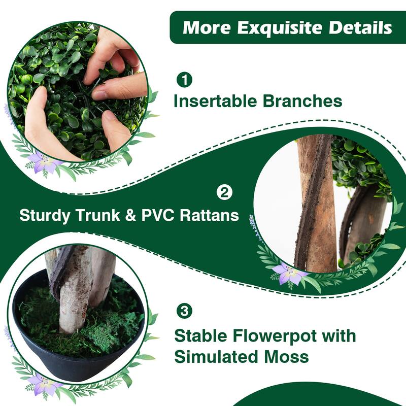 Gymax 36'' Faux Potted Plant w/3 Topiary Balls Solid Wood Trunks Mimic