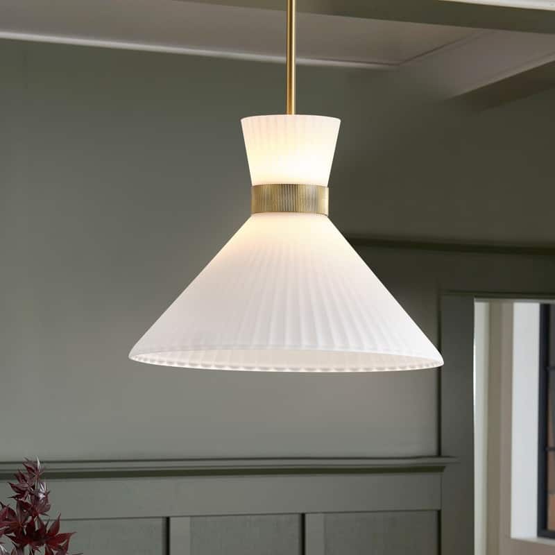 Modern LED Brass Pendant Light White Jade Glass Cone Shade