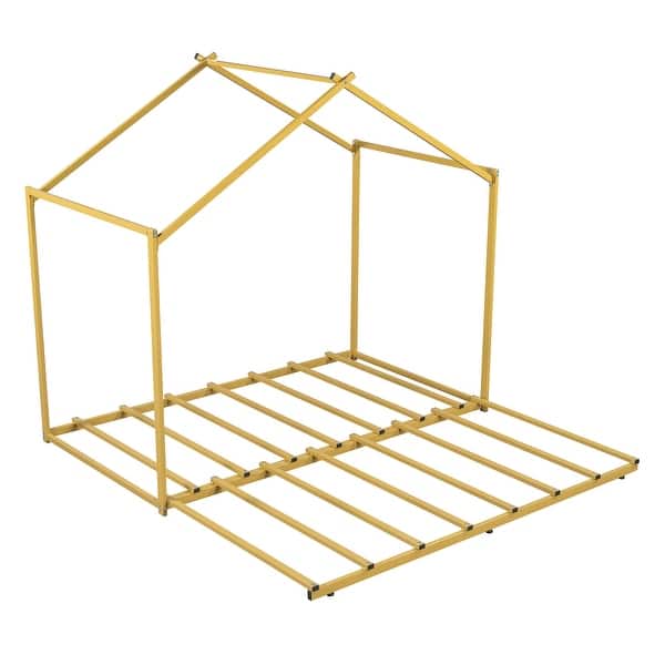 slide 2 of 7, Twin Size Metal House Platform Bed with Twin Trundle, Gold Gold - Twin