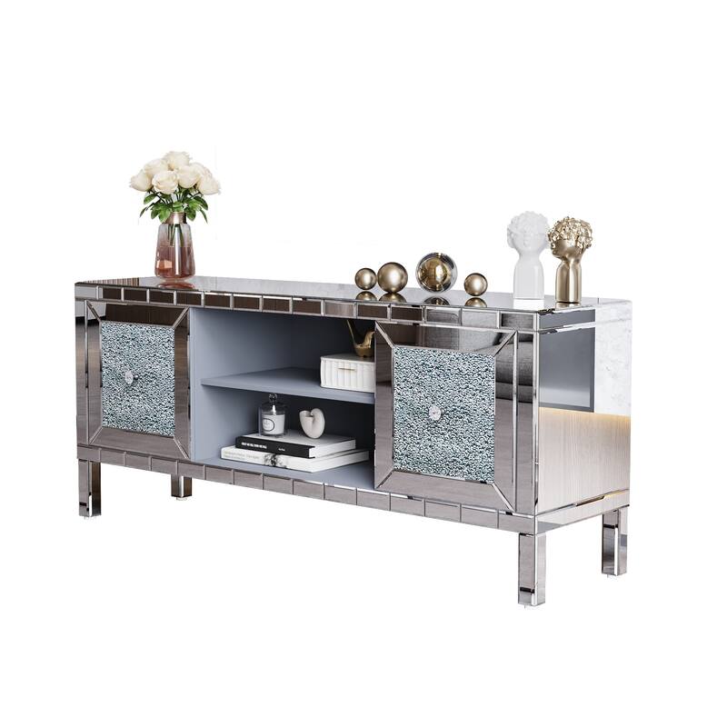 GDFStudio - Crystaluxe Modern Mirrored Media Entertainment Center with Crushed Diamond Glass Doors for 65-Inch TVs