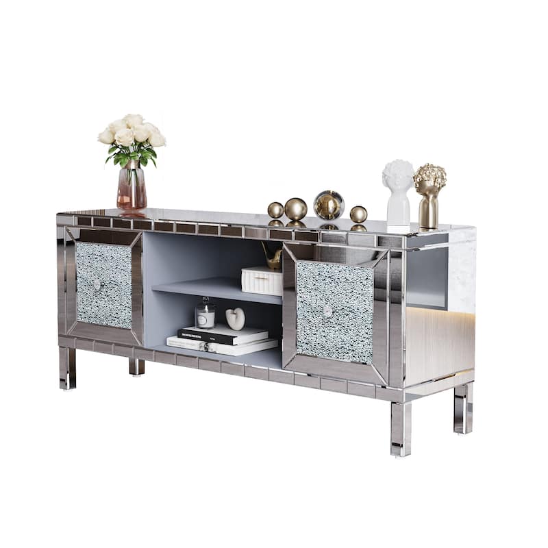 Roomfitters 60" Mirrored TV Stand for 65" TVs, Modern Entertainment Center with Crushed Diamond Glass Doors, Silver