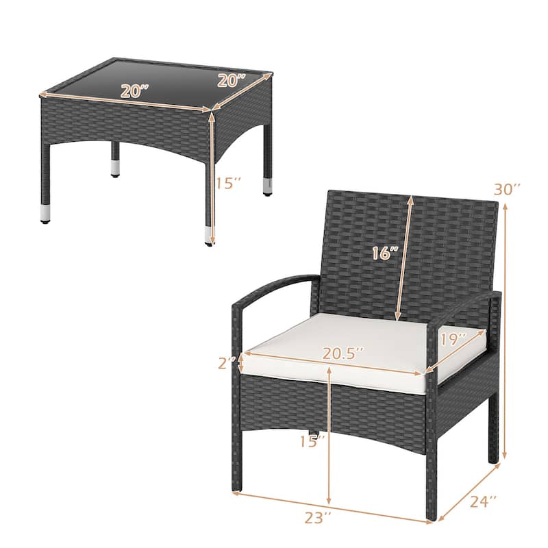 3 Piece Black PE Rattan Patio Set with Beige Cushions Table and 2 Chairs - 20” x 20” x 15”