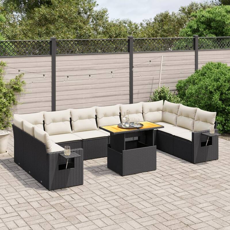 vidaXL Patio Sofa Set with Cushions Table and Sofa Sections 11 Piece Poly Rattan - 21.7 x 39.4 x 28.7 - Black  - form1