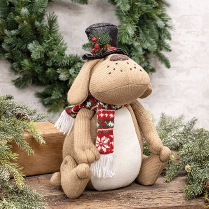 Freestanding Plush Dog Ornament with Red Green Scarf and Top Hat for Holiday Home Decor - 12" H x 9" W x 6" D
