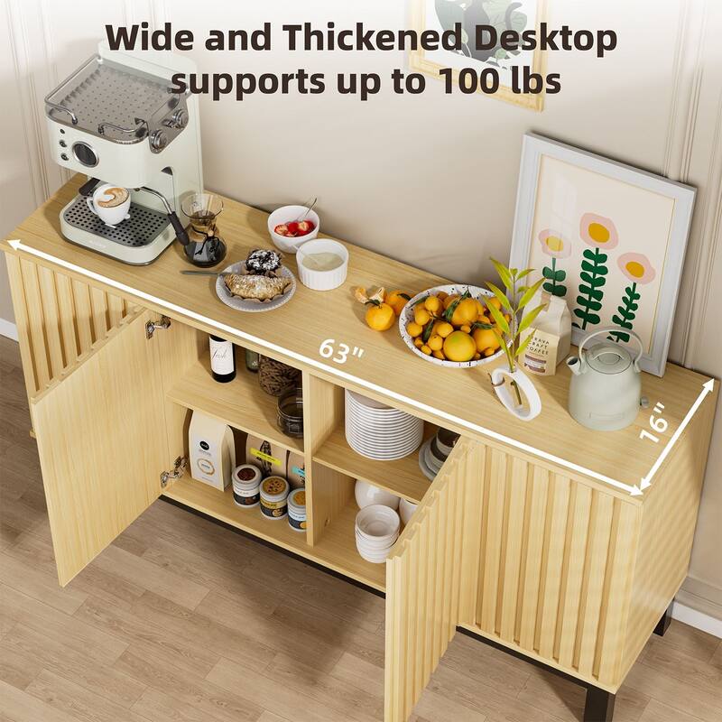 Fluted Sideboard Buffet Cabinet with 4 Doors, Modern Storage Credenza with Adjustable Shelves for Dining Room & Entryway