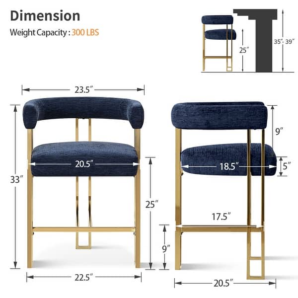 dimension image slide 4 of 6, 25" Seat Height Upholstered Chenille Gold Metal Counter Stool