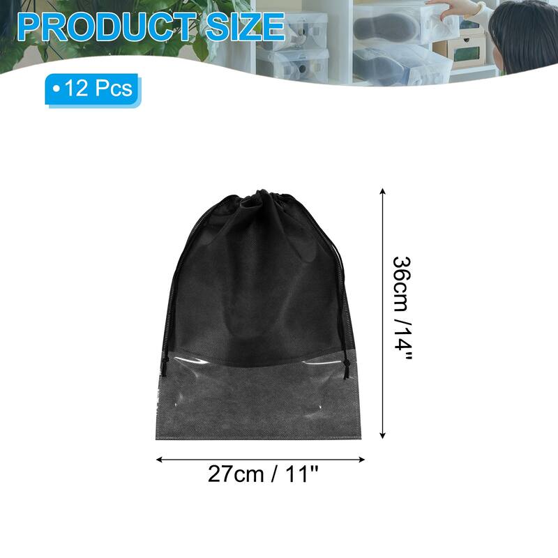 12Pcs Drawstring Shoe Bag 14x11" Travel Shoe Bags Shoe Organizer Pouch - Black - 14x11"
