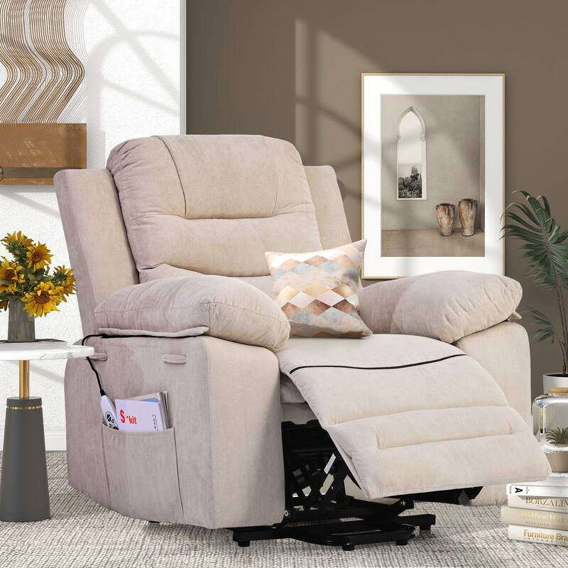 Linen Power Lift Recliner Chair with Massage & Heating, Ergonomic Single Lounge Sofa, Recliner Chair with Side Pockets