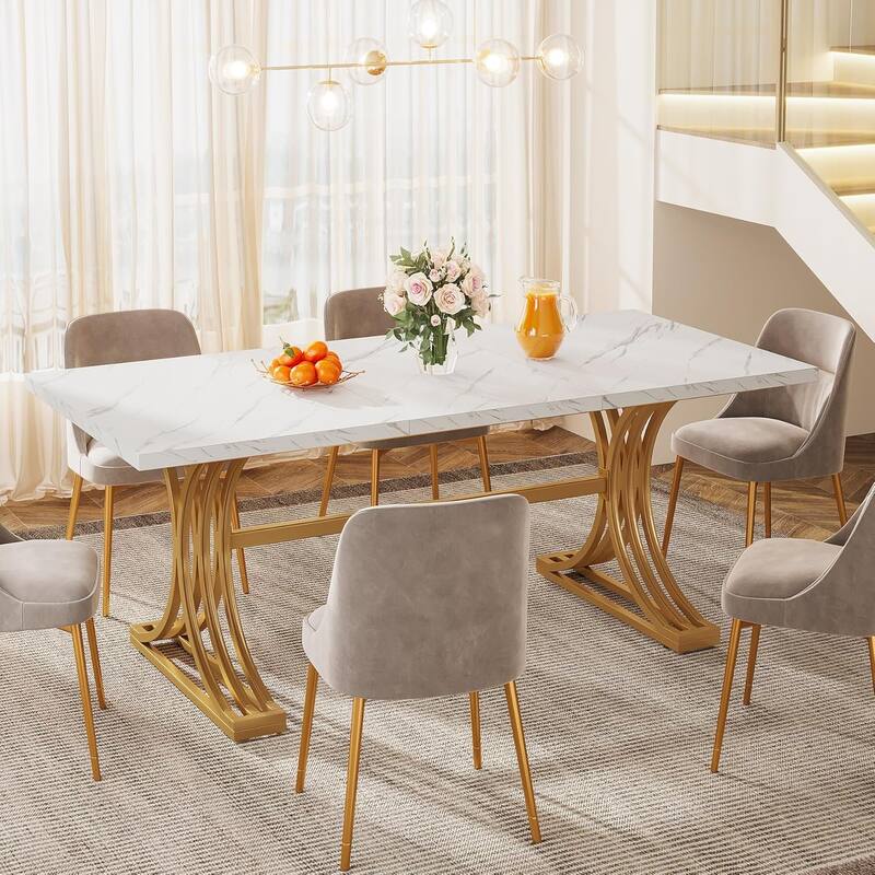 63-Inch Large Rectangular Dining Table, Modern Faux Marble Kitchen Table for Dining Room
