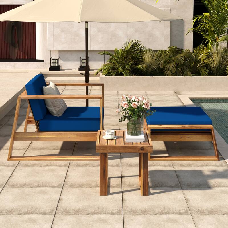 3-Piece Outdoor Acacia Wood Lounge Set with Chair, Ottoman & Table - Natural+ Blue