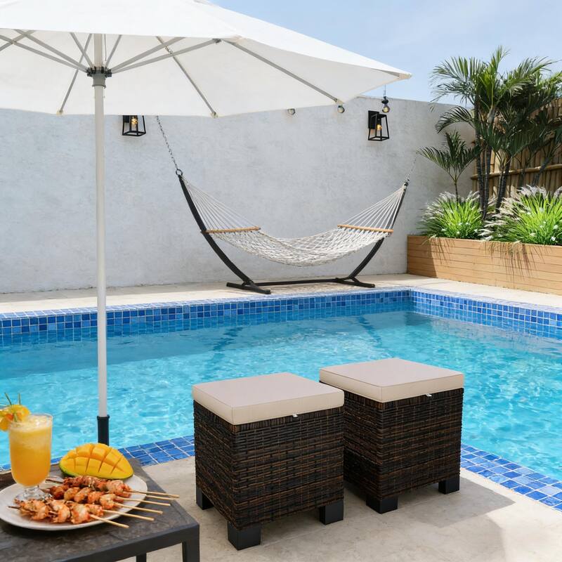 GDFStudio - Miles Versatile Wicker Ottoman Cubes for Outdoor Seating and Flexible Use Set of 2 - Ottomans - Brown,Cream White