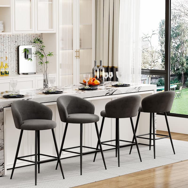 Upholstered Counter & Bar Stools With Metal Frame, Bar Chairs for Kitchen lsland with back and footrest - Bar Height - Grey - Set of 4