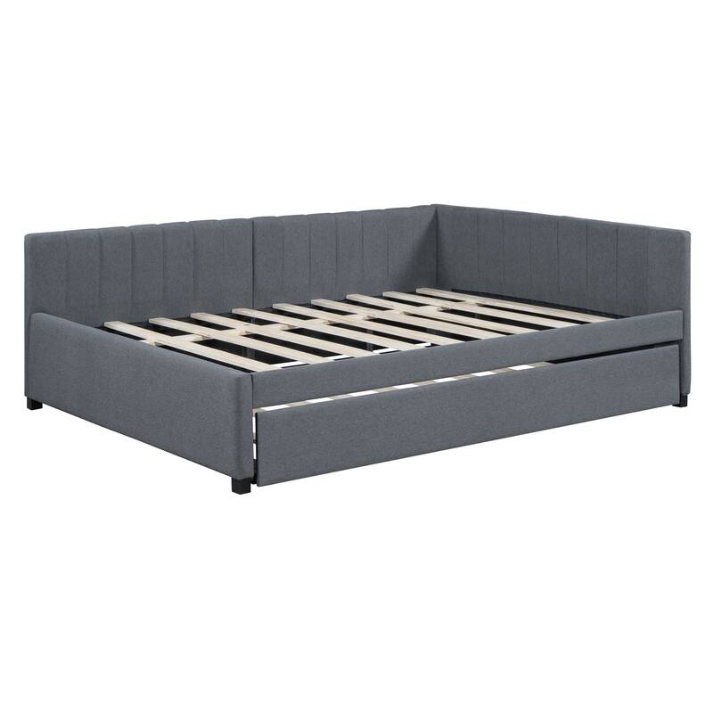 L-Shaped Backrest Daybed Upholstered Daybed Frame Classic Wood Slats Design with 2 Storage Drawers or Trundle, Full Size