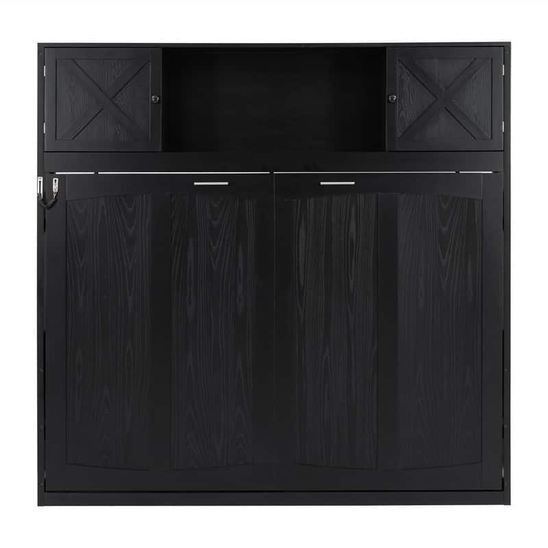 Full Size Murphy Bed Wall Bed with Storage Cabinets, Wooden Foldable Murphy Cabinet Bed with Top Storage, Space Saving Design