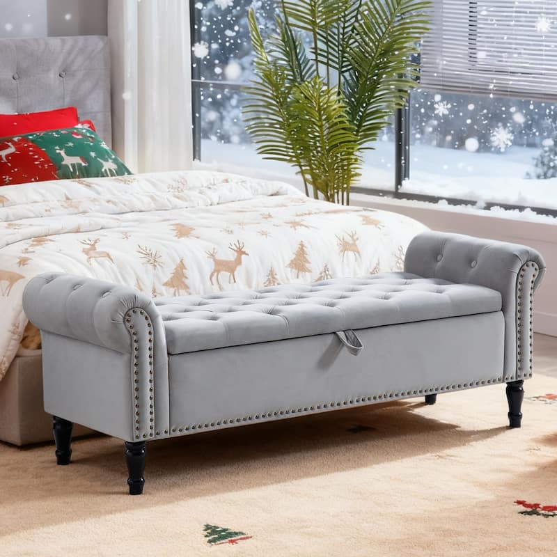 67" Velvet Tufted Storage Bench for Bedroom End of Bed with Roll Arms