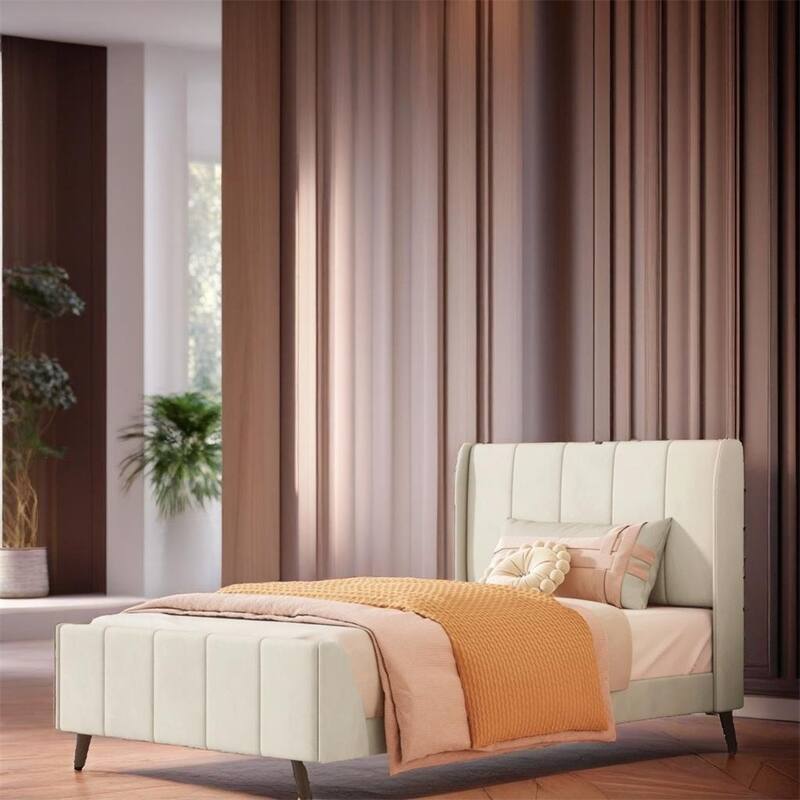 Twin Size Velvet Upholstered Platform Bed with Slats and Legs