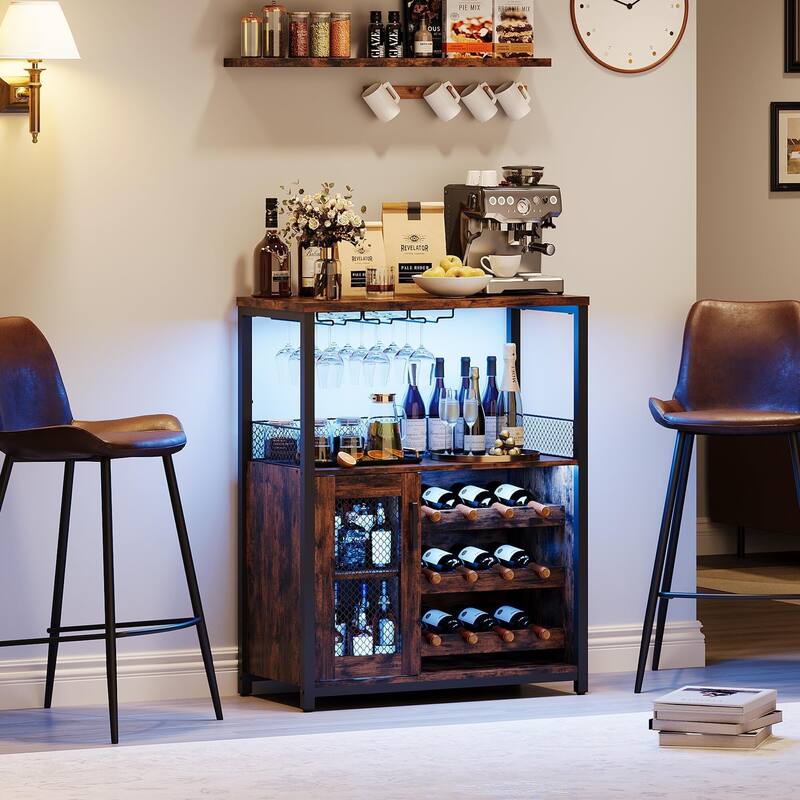 3-Tier Wine Bar Cabinet with LED Lights, Detachable Wine Rack and Storage Space, Small Liquor Bar Cabinet
