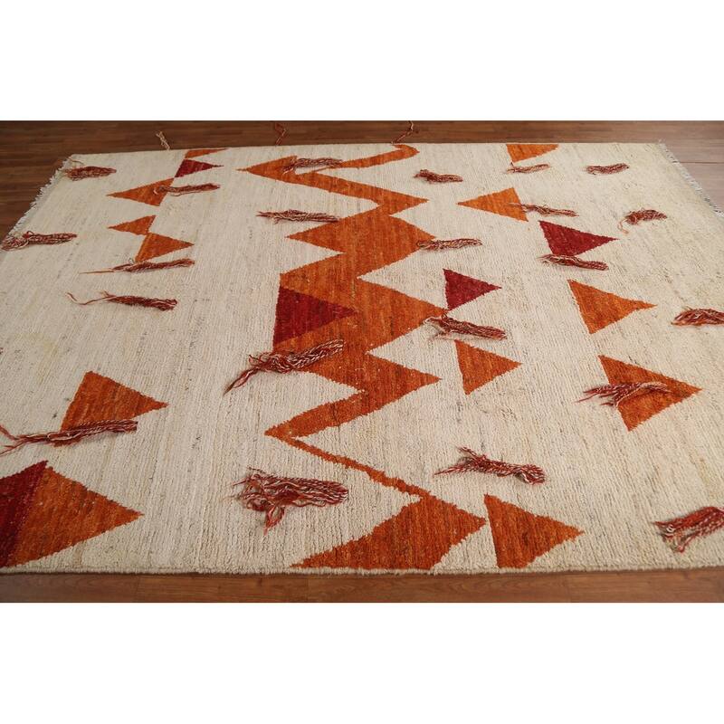Hand Knotted Oriental 100% Wool Carpet Modern Tribal Beige & Ivories Moroccan Area Rug - 9' 11'' X 6' 10''