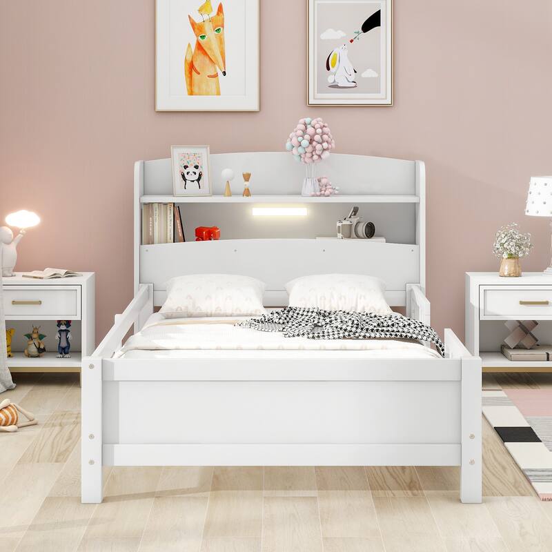 Wooden Platform Bedframe with Built-in LED Light & Storage Headboard - White - Twin