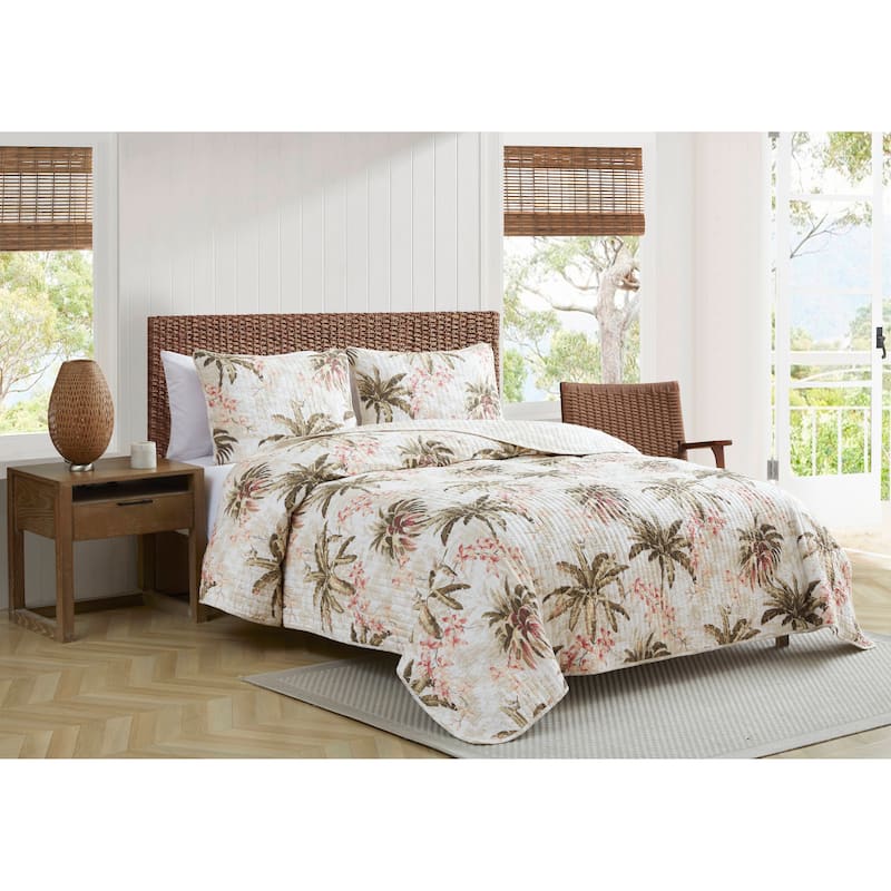 Tommy Bahama Bonny Cove Floral Pattern With Palm Reverse Quilt (Beige, 3 Piece Set)
