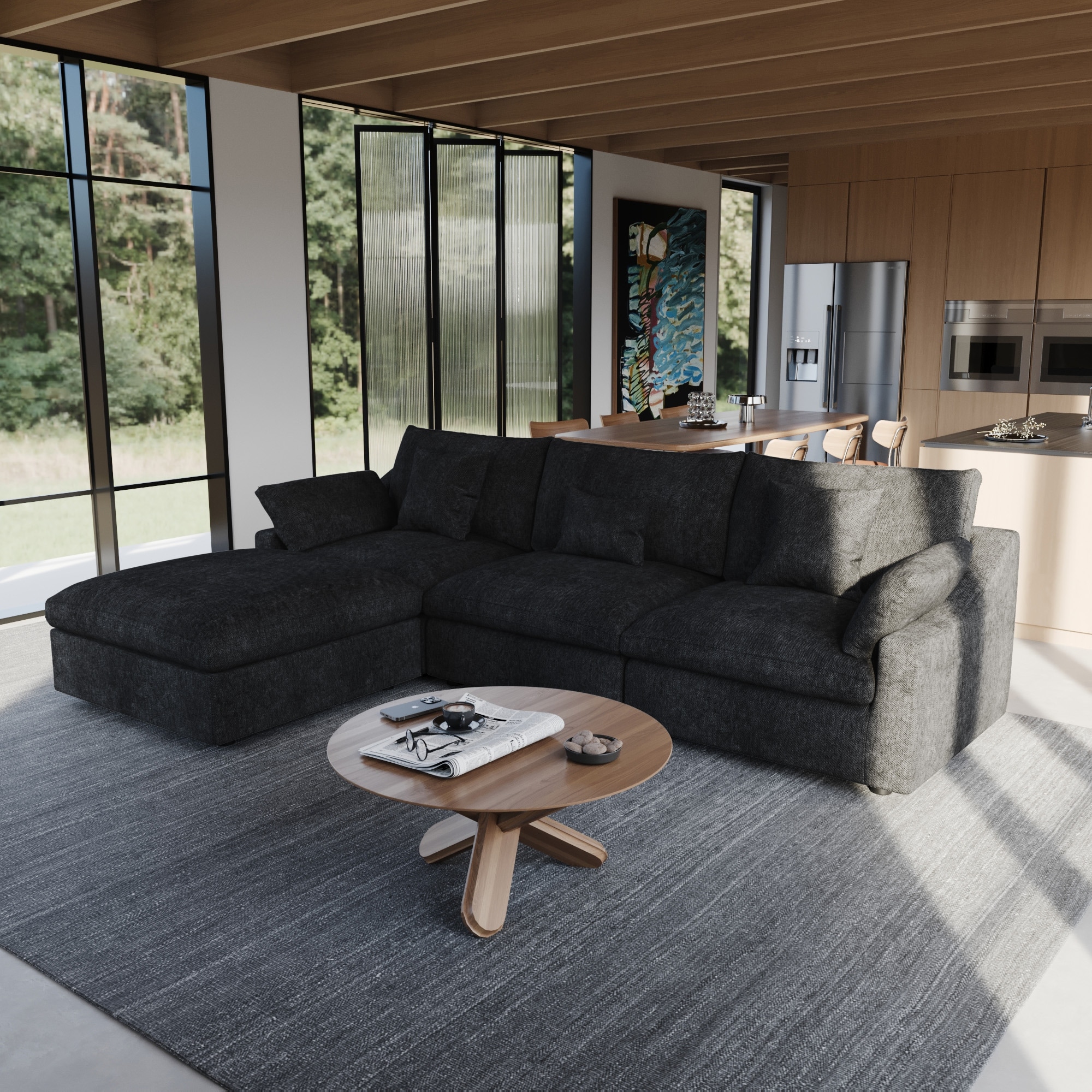 L-shape Linen Upholstered Sofa Multiple Cushions Sectional Couch
