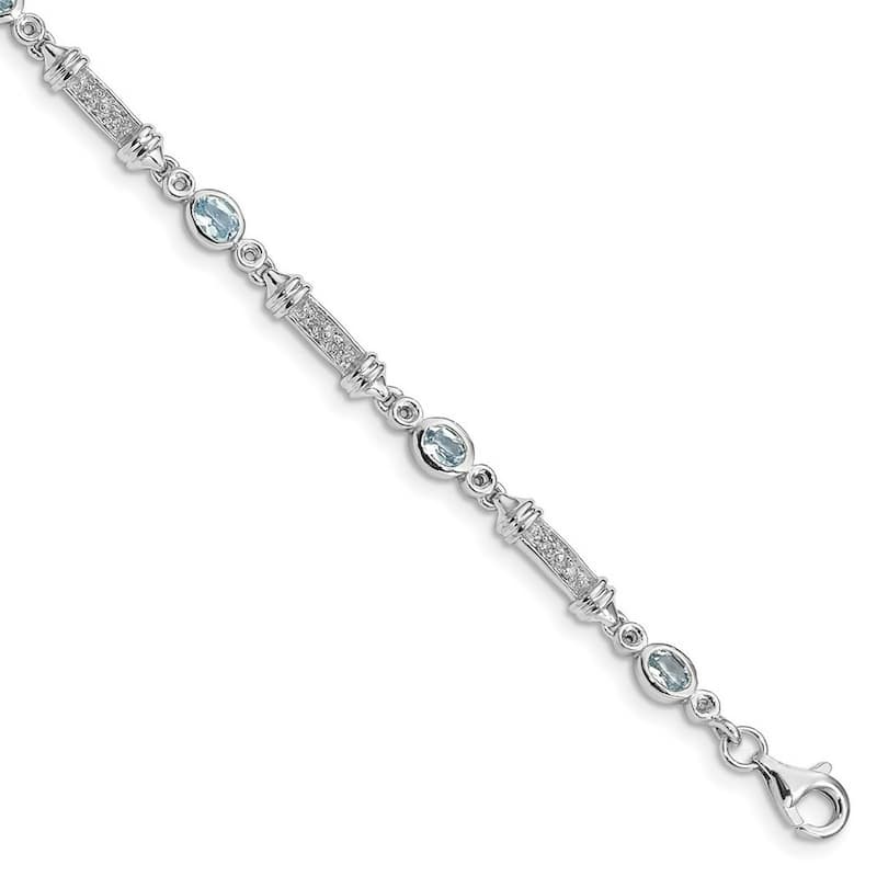 Curata 925 Sterling Silver Textured Polished Fancy Lobster Closure Aquamarine and Diamond Bracelet