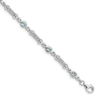 Curata 925 Sterling Silver Textured Polished Fancy Lobster Closure Aquamarine and Diamond Bracelet