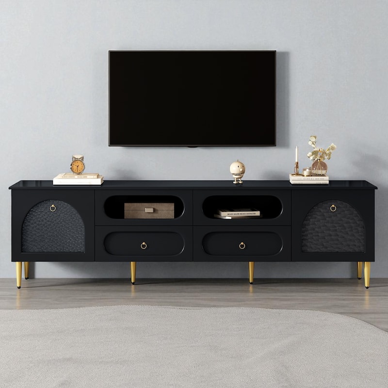 78.8" Retro Entertainment Center Media Console, 6 Metal Legs, Glass Display Doors, 2 Cabinets, 4 Drawers, for 85" TV - Black