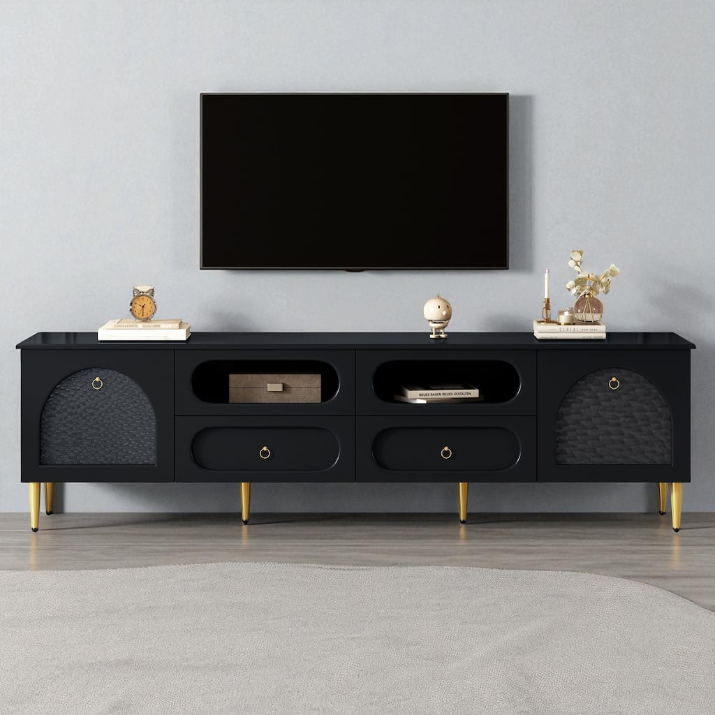 78.8" Retro Entertainment Center Media Console, 6 Metal Legs, Glass Display Doors, 2 Cabinets, 4 Drawers, for 85" TV
