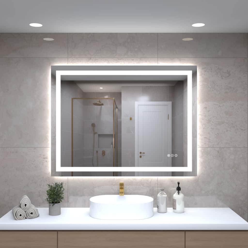 40 " Tempered LED Bathroom Mirror with Front and Backlight, Large Dimmable Wall Mirrors, 3 Colors, LED Vanity Mirror