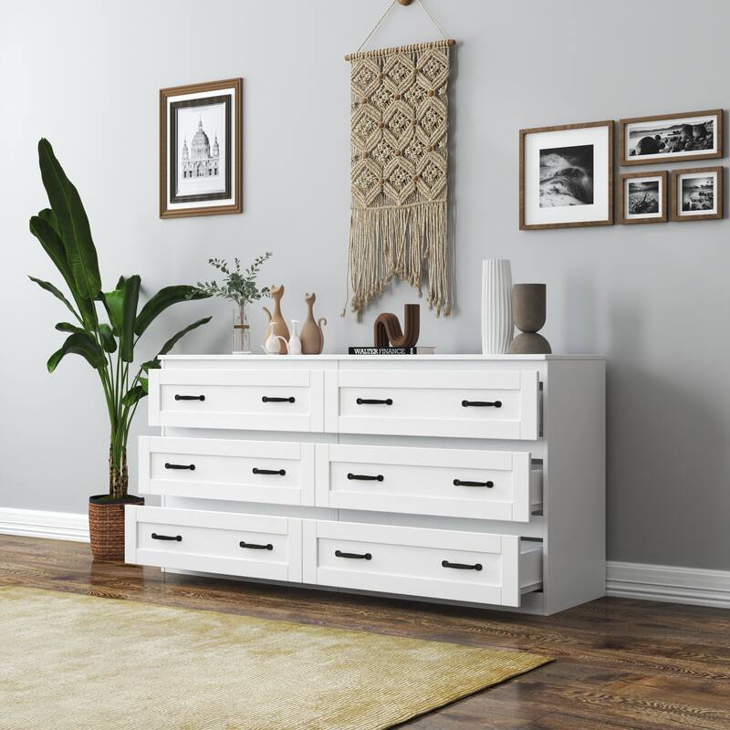 Modern white side cabinet with 6 drawers , Wood Chest of Drawers with Metal Handle, Storage Organizer ，Bedroom or Hallway