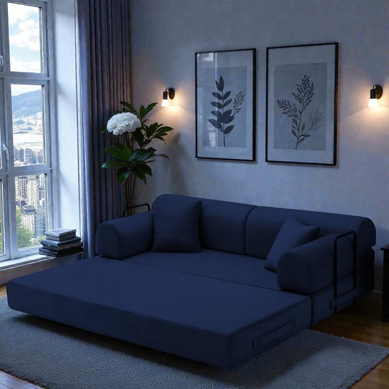 Convertible Sleeper Sofa Bed, 4-in-1 Corduroy Folding Floor Couch with Cylindrical Pillow, 2-Seat Space-Saving Lounge Sofa