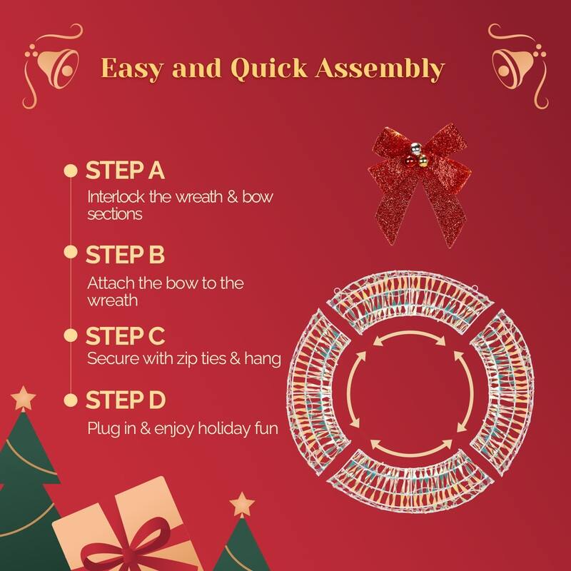 24in Pre-lit Iridescent Outdoor Christmas Wreath Decoration, Lighted Metal Wreath for Front Door Gate Wall Holiday Party