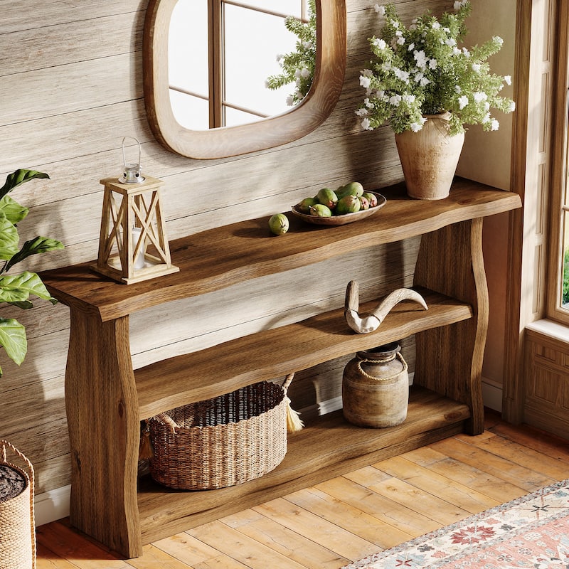63 Inch Solid Wood Console Table with 3 Tier Storage Shelves, Sofa Table Behind Table for Living Room, Entryway