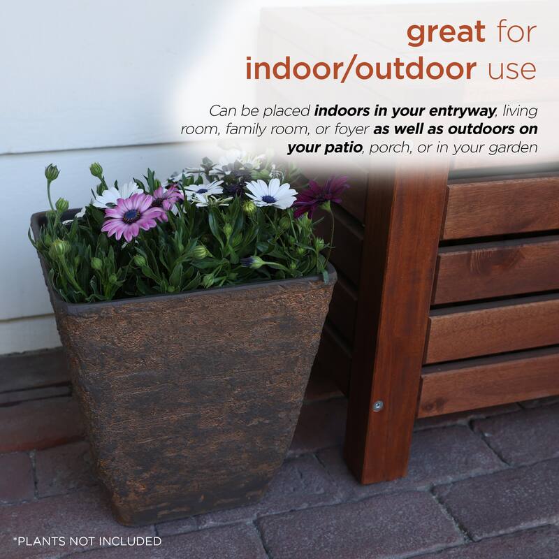 Alpine Corporation Indoor/Outdoor Stone-look Squared Planter, Large, Brown (Set of 2)