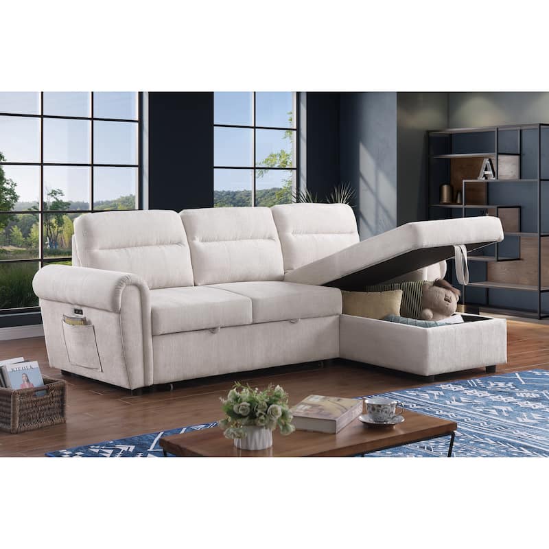 97"W Beige Chenille Reversible Sofa Chaise w/ USB & Storage
