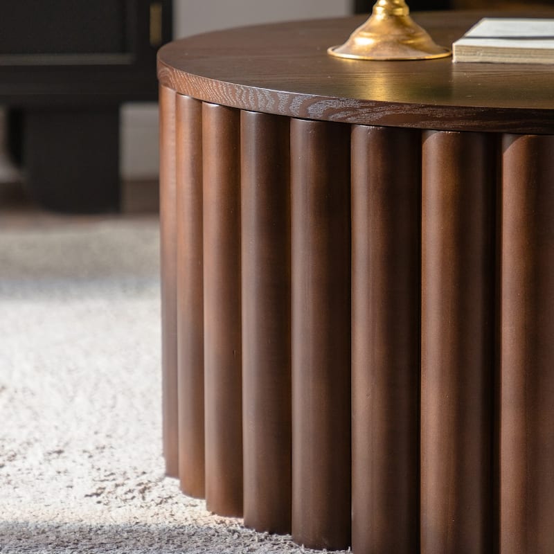 GDFStudio - Modern Lift-Top Round Storage Coffee Table with Handcrafted Relief Pedestal Base