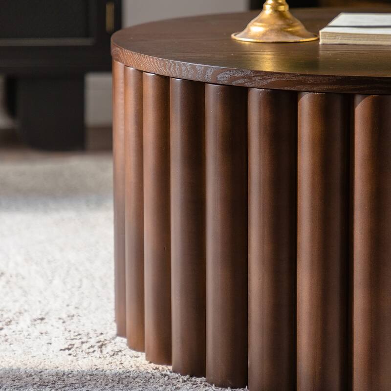 Round Lift Top Coffee Table with Handcrafted Relief, Sturdy Pedestal Base & No Assembly Required