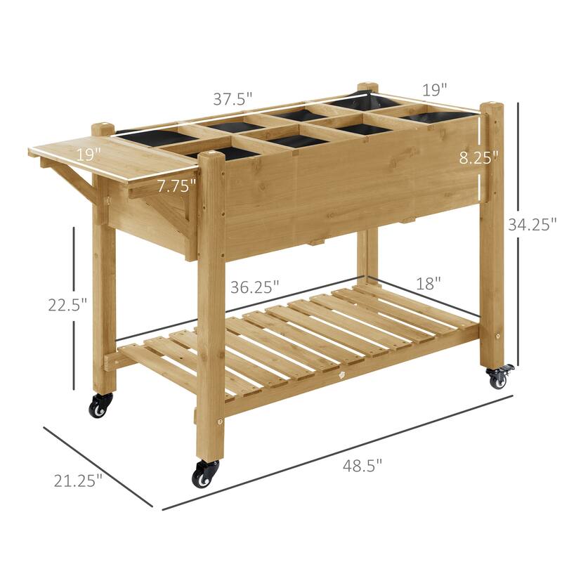 Outsunny 49'' x 21'' x 34'' Raised Garden Bed w/ 8 Grow Grids, Outdoor Wood Plant Stand w/ Storage Shelf and Lockable Wheels