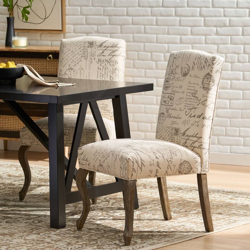 French Script Beige Linen Dining Chairs 2 Pack, Club Guest Office Chairs with Weathered Oak Legs, French Script Pattern Chairs