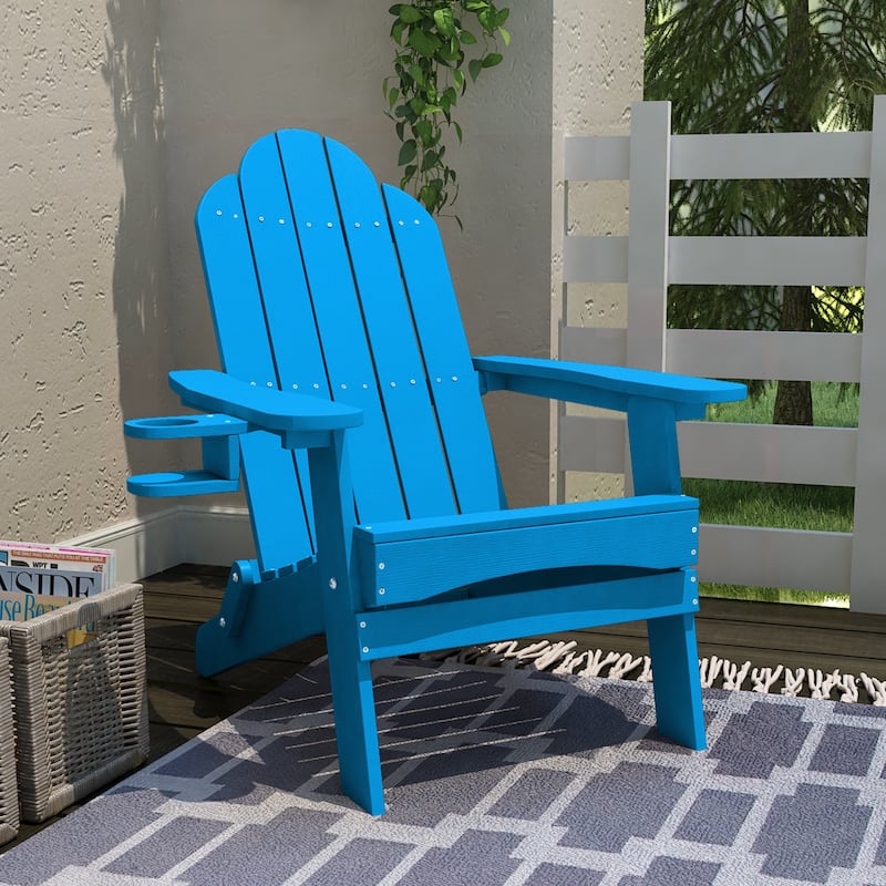 Eco-Friendly Patio Folding HDPS Plastic Outdoor Adirondack Chairs With Cup Holder - 35"D x 30"W x 36.2"H - Light Blue
