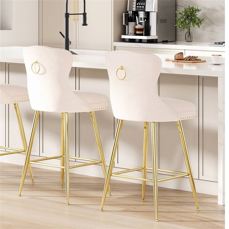 Velvet Bar Stools with Metal Legs, Button Tufted and Nailheads Trim (Set of 2)