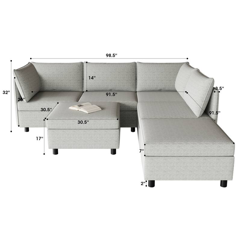 Grey 68" L-Shaped 6-Seater Modular Sofa